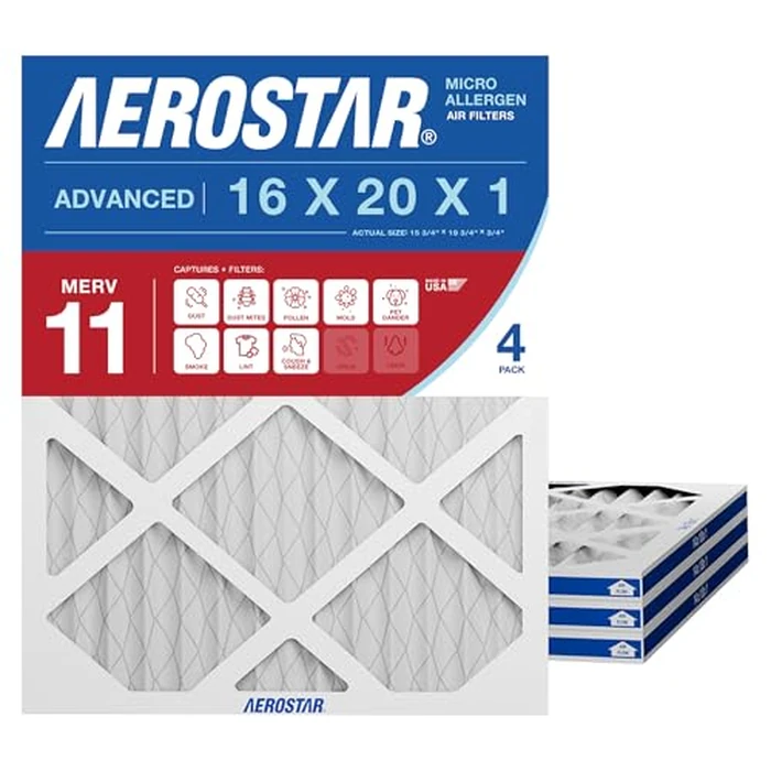 Aerostar 16x20x1 MERV 11 - 4 Count - Pleated HVAC, Furnace & Air Conditioner Filters - Removes Dust, Cold & Flu Germs, Lint, Mold, Pet Dander, Allergy-Causing Pollen, Smog & Smoke by Aerostar - Image 1