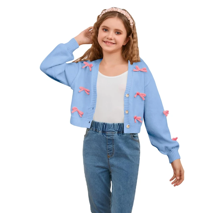 MakeMeChic Girl's Cute Bow Cropped Cardigan Sweaters Long Sleeve V Neck Button Down Knitted Cardigan Light Blue 8 Years by MakeMeChic - Used - Like New condition - US$28.49