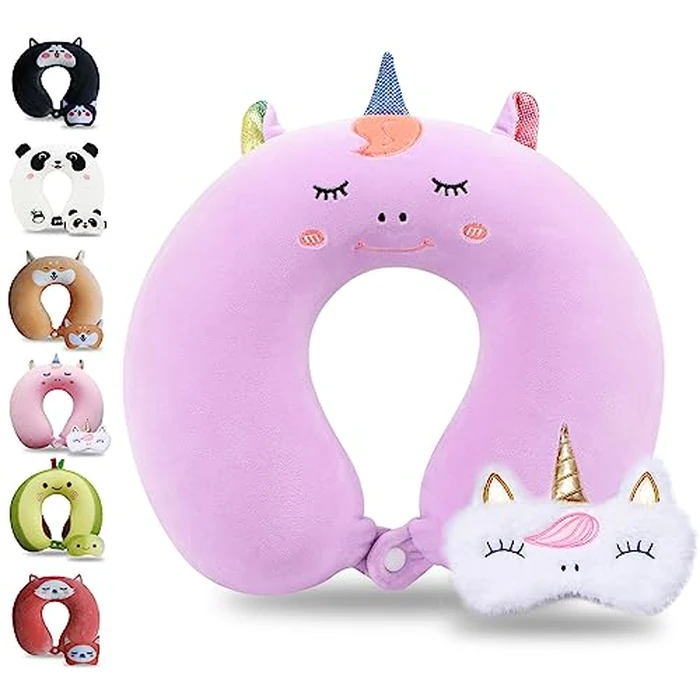 Sexysamba Cartoon Headrest & Neck Pillow for Kids Boys & Girls, Teens, Travel Accessories for Airplane, Car, Recline, Memory Foam Cute Travel Pillow with Sleep Eye Mask - Purple Unicorn by Sexysamba - Used - Like New condition