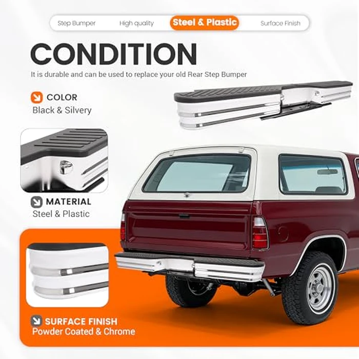 HECASA Universal Rear Step Bumper Compatible with 1967-1998 Chevy Chevrolet GMC C/K Fleetside Dodge Fleetside Ram charger Ford Bronco F250 F350HD SuperDuty F-Series Styleside with Lights Silvery+Black by HECASA - Image 4