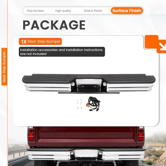 HECASA Universal Rear Step Bumper Compatible with 1967-1998 Chevy Chevrolet GMC C/K Fleetside Dodge Fleetside Ram charger Ford Bronco F250 F350HD SuperDuty F-Series Styleside with Lights Silvery+Black by HECASA - Image 5