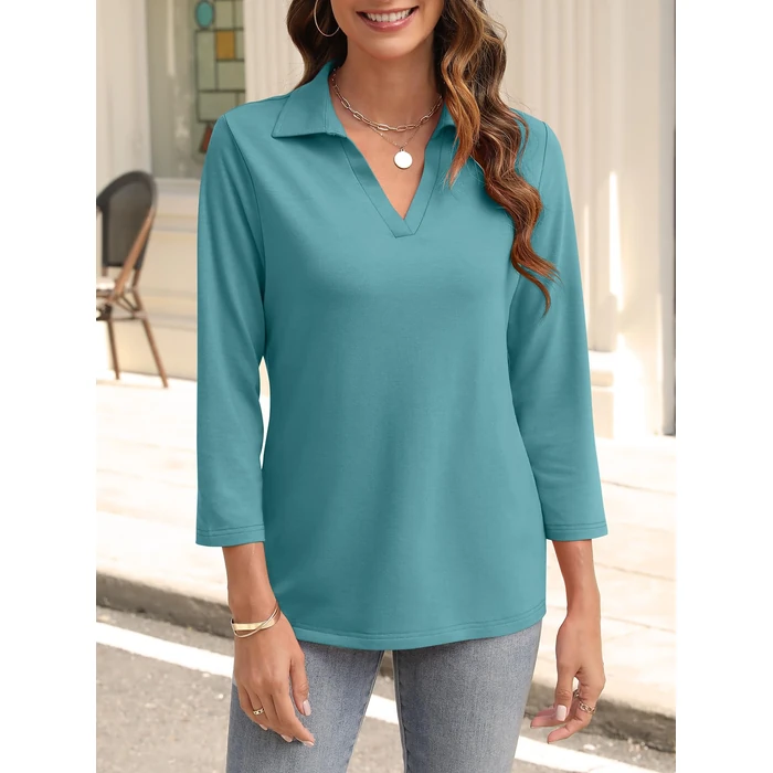 TICTICMISS Womens V Neck Polo Shirts 3/4 Sleeve Collared Tops Business Casual Summer Tops Trendy Loose Turquoise by TICTICMISS - Image 3