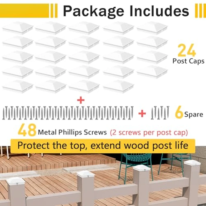 Goovilla 4x4 Post Caps White(Actual 3.5" x 3.5"), 24 Pack Fence Post Caps with 48 Screws and Easy Installation,Sturdy Waterproof Plastic Deck Post Caps with Frosted Finishing Touch, Protect Wood Post by Goovilla - Image 2