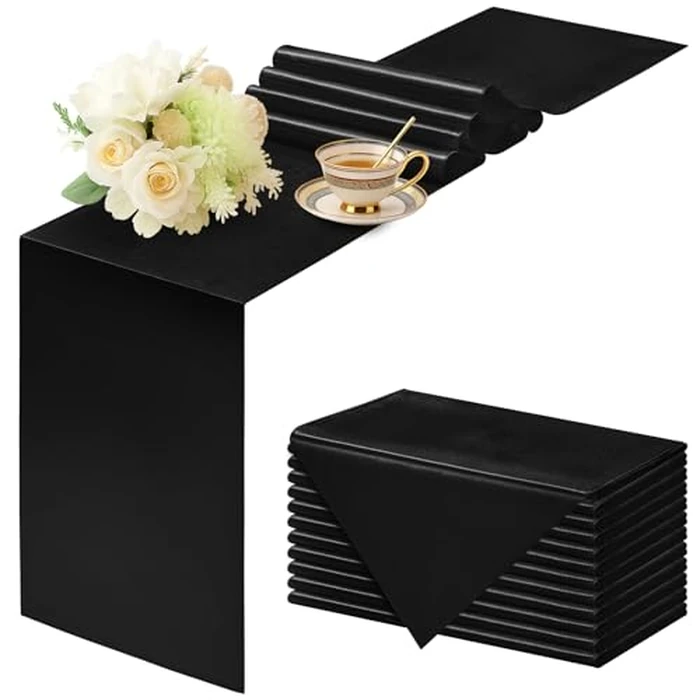 Q&J Fabric Co 12 Packs Satin Black Table Runner Festive Gifts, 12x108 Inches Long, Silk-Like Smooth Satin Table Decor for Christmas Thanksgiving Wedding Birthday Party Banquets Decorations by Q&J FABRIC CO. - Image 1