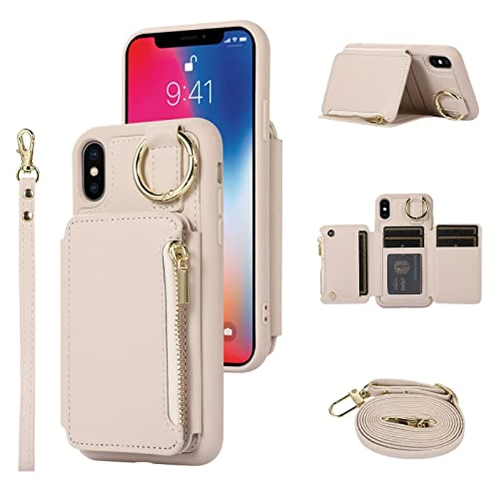 ELISORLI Wallet Case for iPhone Xs X 10 10s Leather Clasp Flip Zipper Purse Case with Shoulder Strap Credit Card Holder Phone Cover for iPhoneX iPhoneXs iPhone10 i PhoneX SX 10x 10xs X’s Women Beige by ELISORLI - Used - Good condition - CA$6.16