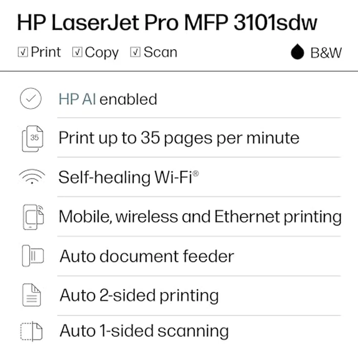 HP LaserJet Pro MFP 3101sdw Wireless All-in-One Laser Printer, Office Printer, Duplex, Best-for-Small Teams (9D2X4F) by HP - Image 3