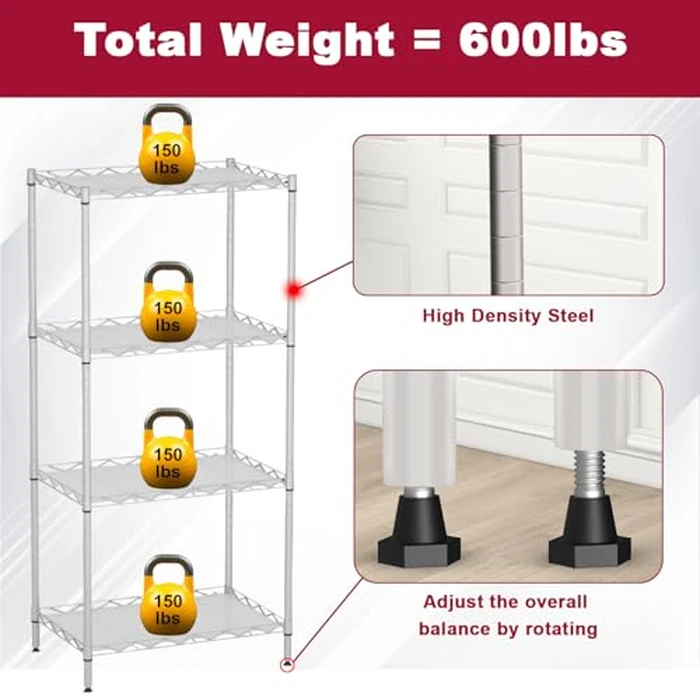4-Tier Wire Shelving Unit 600 lbs Weight Capacity Storage Shelves Metal Frame Garage Shelves Easy Installation Metal Shelves for Home Kitchen Garage Pantry, 12" Dx18 Wx44 H, Chrome by FDW - Image 4