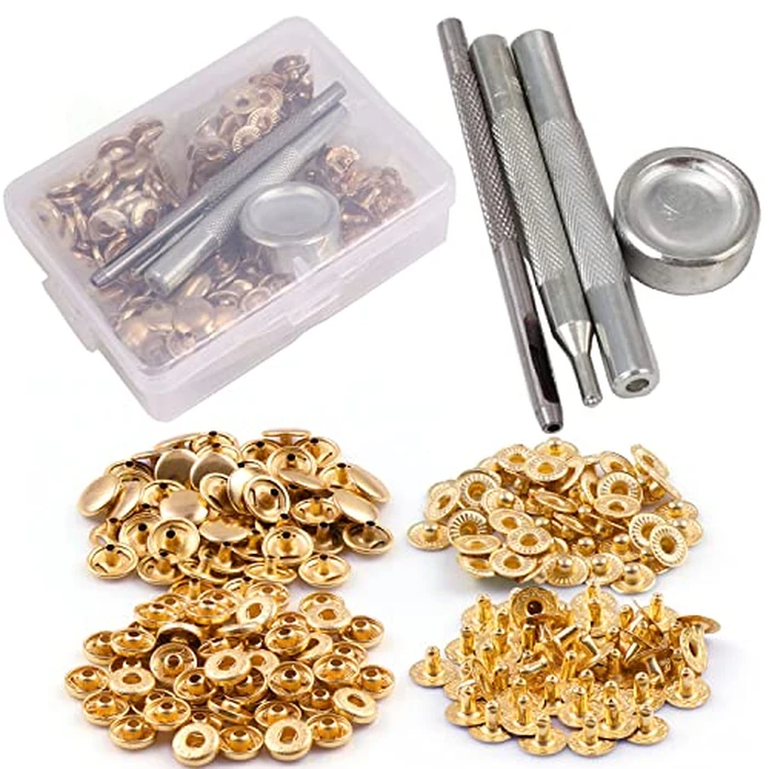 50 Set Pale Gold Snap Fasteners Kit for Leather Metal Button Snaps Press Studs with 4 Tools (10mm Pale Gold) by PECMER - Used - Like New condition