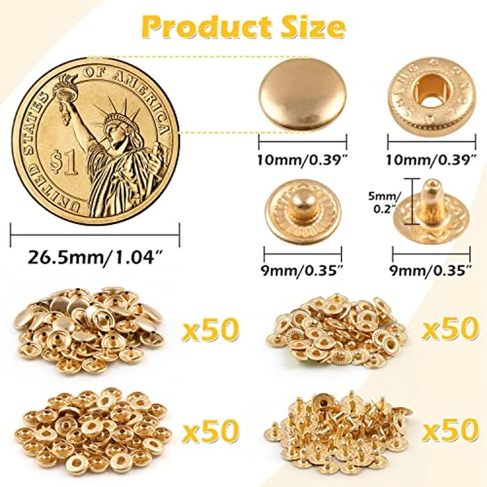 50 Set Pale Gold Snap Fasteners Kit for Leather Metal Button Snaps Press Studs with 4 Tools (10mm Pale Gold) by PECMER - Image 2