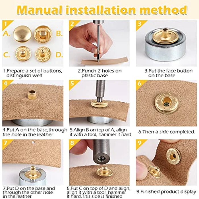 50 Set Pale Gold Snap Fasteners Kit for Leather Metal Button Snaps Press Studs with 4 Tools (10mm Pale Gold) by PECMER - Image 3