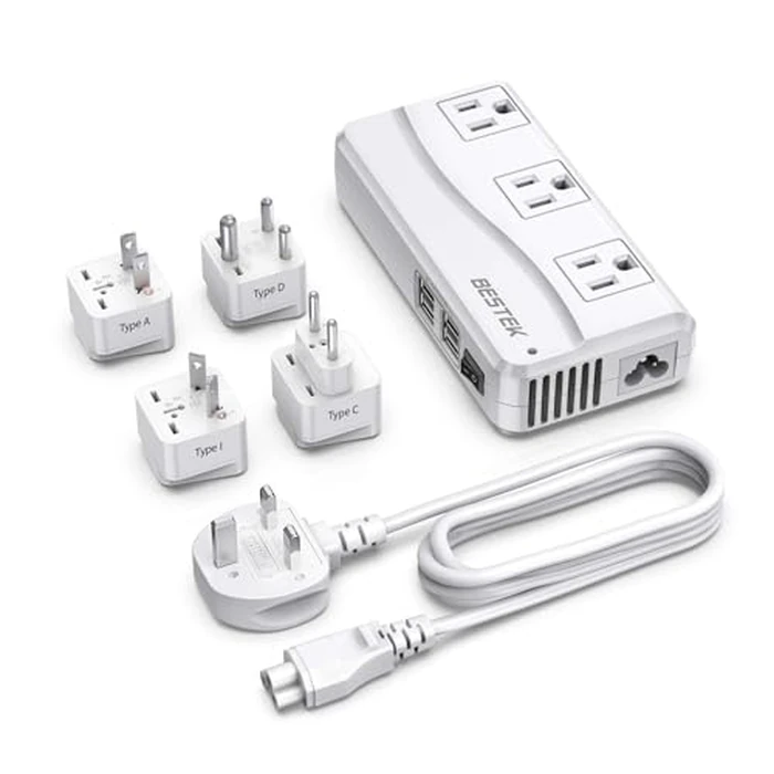 BESTEK Travel Adapter with UK Plug Universal 100-220V to 110V Voltage Converter 250W with 6A 4-Port USB Charging 3 AC Sockets and EU/US/India/AU Adapter for Worldwide use (White) by BESTEK - Used - Very Good condition - CA$47.90