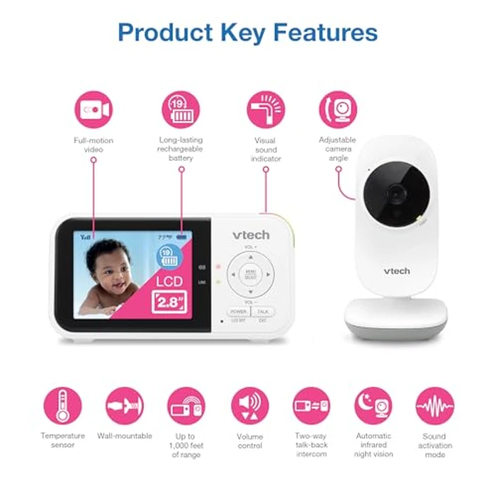 VTech VM819 Baby Monitor with Camera and Audio, 2.8” Screen Portable Baby Camera, Night Vision, 2-Way Audio, Temperature Sensor and Lullabies, Secure Transmission No WiFi, Ideal for Baby/Elderly/Pet by VTech - Image 2