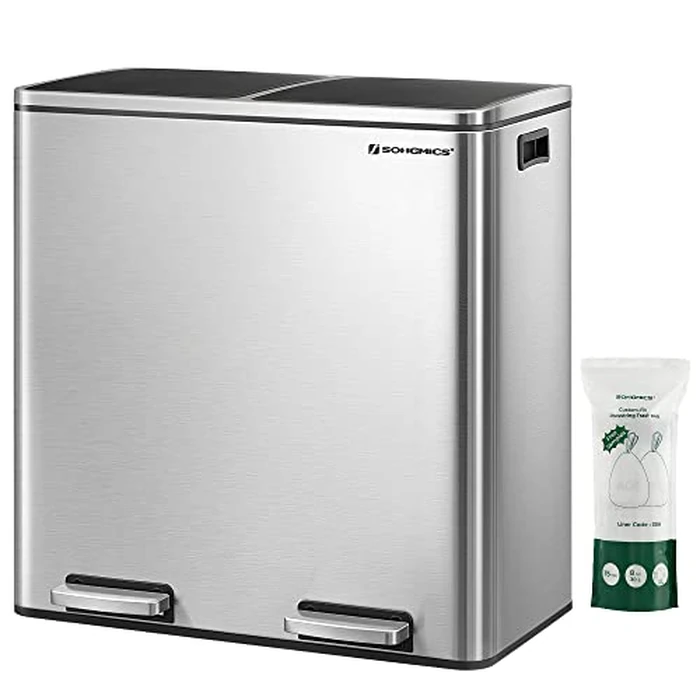 SONGMICS Trash Can, 2 x 8 Gallon (2 x 30 L) Garbage Can for Kitchen, with 15 Trash Bags, 2 Compartments, Plastic Inner Buckets and Hinged Lids, Airtight, Silver and Black ULTB60NL by SONGMICS - Used - Acceptable condition
