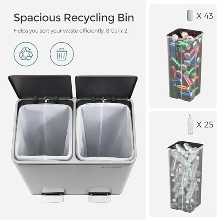 SONGMICS Trash Can, 2 x 8 Gallon (2 x 30 L) Garbage Can for Kitchen, with 15 Trash Bags, 2 Compartments, Plastic Inner Buckets and Hinged Lids, Airtight, Silver and Black ULTB60NL by SONGMICS - Image 2