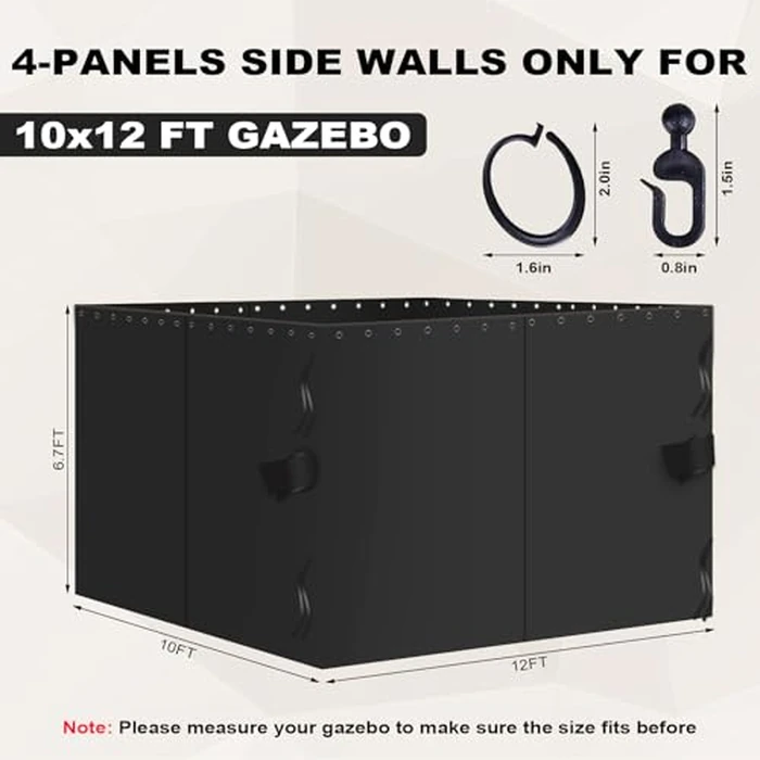 slashome 10'x12' Gazebo Curtains Outdoor Waterproof, Black Universal Replacement Curtain 4-Panels, Sidewalls with Zipper for Garden, Patio, Yard (Only Curtains) by slashome - Image 2