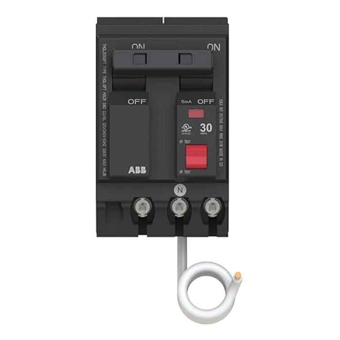 ABB Q-Line(R) THQL2130GFT Ground Fault Circuit Breaker • 30 Amp Double-Pole Breaker • GFCI Protection • 120/240 VAC • 10 kAIC Interrupt Rating • Plug-On Pigtail Breaker for Load Centers by ABB - Used - Like New condition