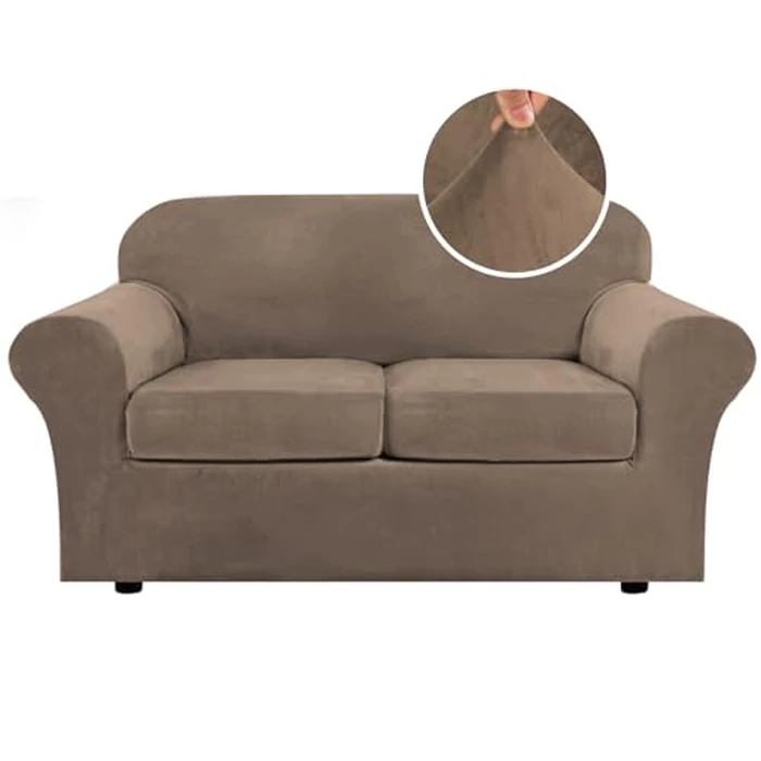 H.VERSAILTEX Real Velvet Plush 3 Piece Stretch Sofa Covers Couch Covers for 2 Cushion Couch Loveseat Covers Width Up to 72 Inch Feature Thick Soft Stay in Place (Medium Sofa, Coco Mocha) by H.VERSAILTEX - Image 1