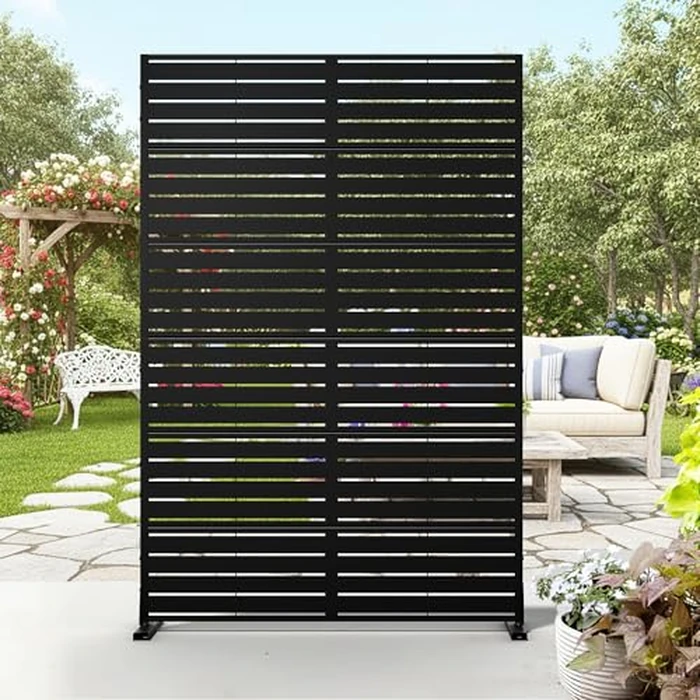 Casaphoria Privacy Screen Outdoor Metal Fence Panel, 72" H x 47" W Freestanding Decorative Privacy Fence for Patio, Deck, Balcony, Backyard, Garden with Stable Base(Louvered Black) by Casaphoria - Image 1