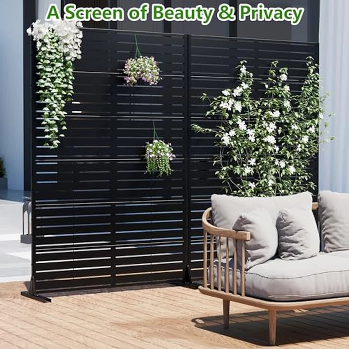 Casaphoria Privacy Screen Outdoor Metal Fence Panel, 72" H x 47" W Freestanding Decorative Privacy Fence for Patio, Deck, Balcony, Backyard, Garden with Stable Base(Louvered Black) by Casaphoria - Image 3