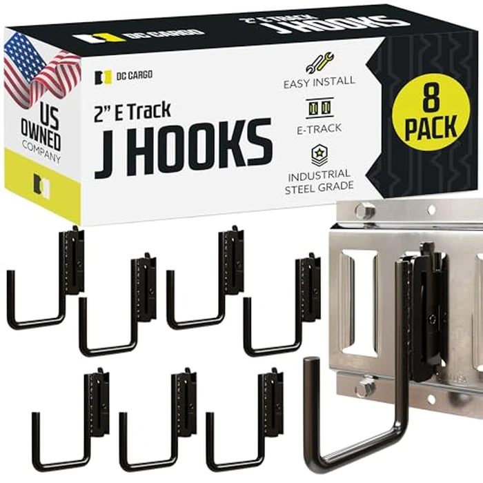 DC Cargo - E Track J Hooks (2" - 8 Pack) - Vertical E Track Accessories - Hanging Hooks for Your ETrack Rail System - Use in Enclosed Trailers, Box Trucks, Vans, Garage, Workshop & Warehouse by DC Cargo Mall - Image 1