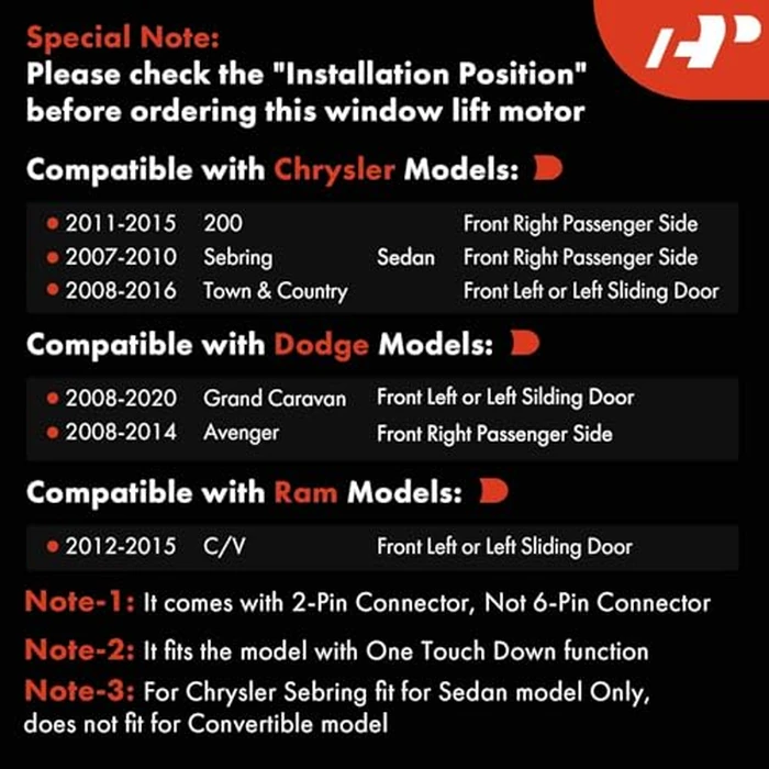 A-Premium Power Window Lift Motor Compatible with Dodge Grand Caravan 2008-2020, Avenger 2008-2014 & Chrysler Town & Country 2008-2016, 200 2011-2015, Sebring 2007-2010 & Ram C/V 2012-2015 by A-premium - Image 2