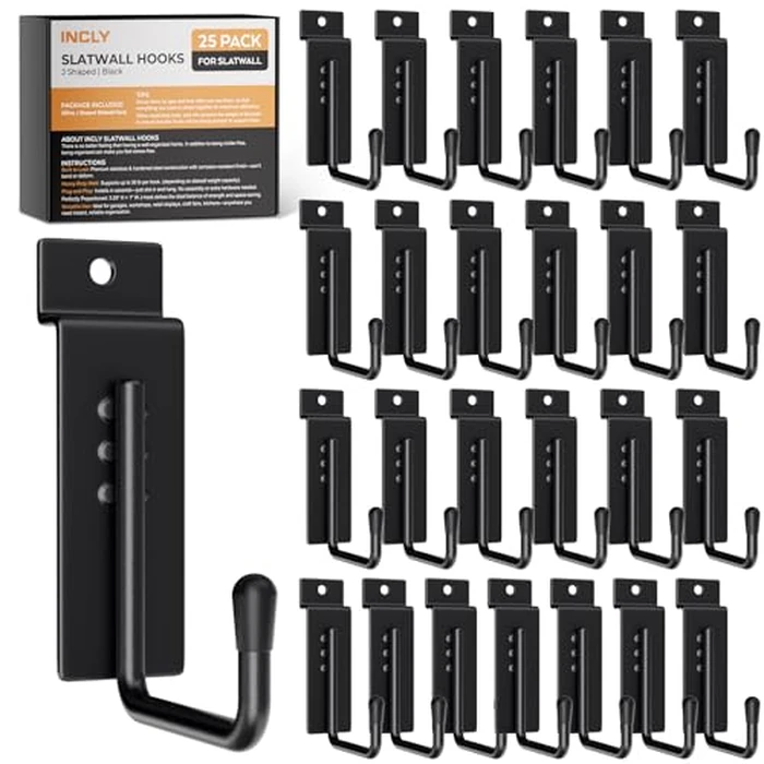 INCLY 25 Pack J-Shaped Slatwall Hooks, Heavy Duty Slat Wall Hanging Hook and Hanger, Slatwall Panel Accessories Display Hooks for Garage, Kitchen, Retail Store by INCLY - Image 1
