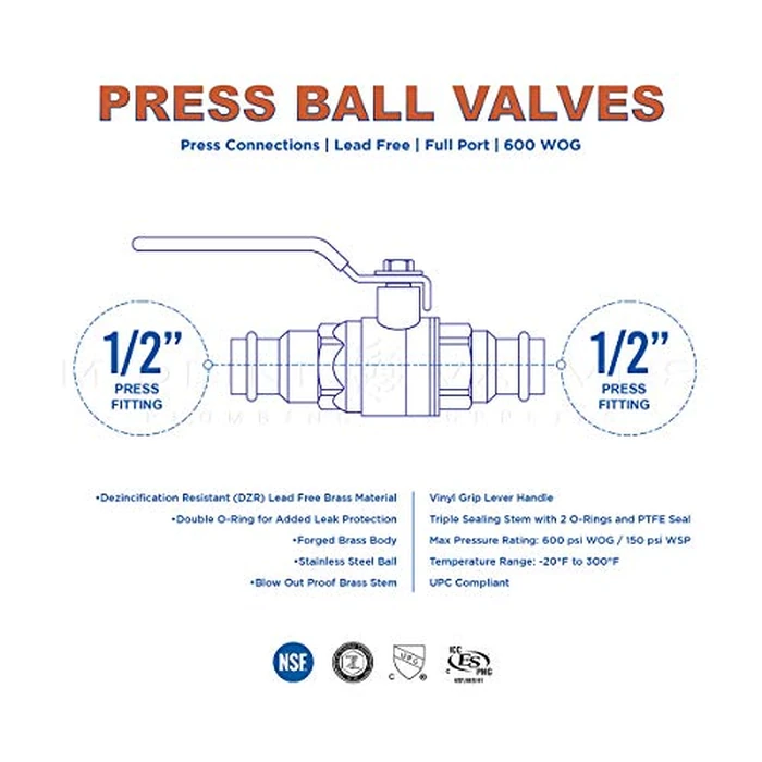 Midline Valve 532VLV012-5 Double-O-Ring Ball Valve with 1/2 in. Press Connections, Brass (Pack of 5) by Midline Valve - Image 6