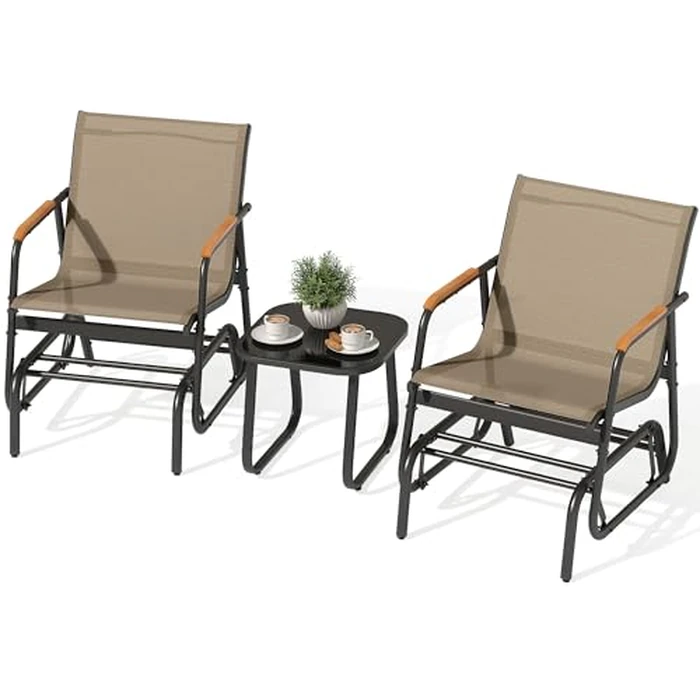 YITAHOME 3 Piece Patio Furniture Set, Outdoor Glider Chair Bistro Set, Coffee Table with Tempered Glass Tabletop, Patio Textilene Chairs Set of 2 for Backyard, Lawn, Garden, Balcony and Porch, Brown by YITAHOME - Used - Like New condition