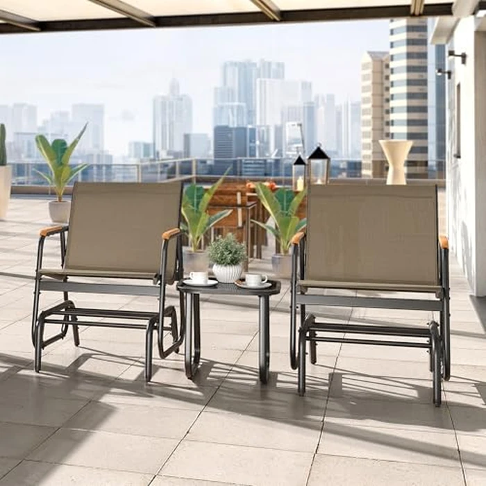 YITAHOME 3 Piece Patio Furniture Set, Outdoor Glider Chair Bistro Set, Coffee Table with Tempered Glass Tabletop, Patio Textilene Chairs Set of 2 for Backyard, Lawn, Garden, Balcony and Porch, Brown by YITAHOME - Image 2