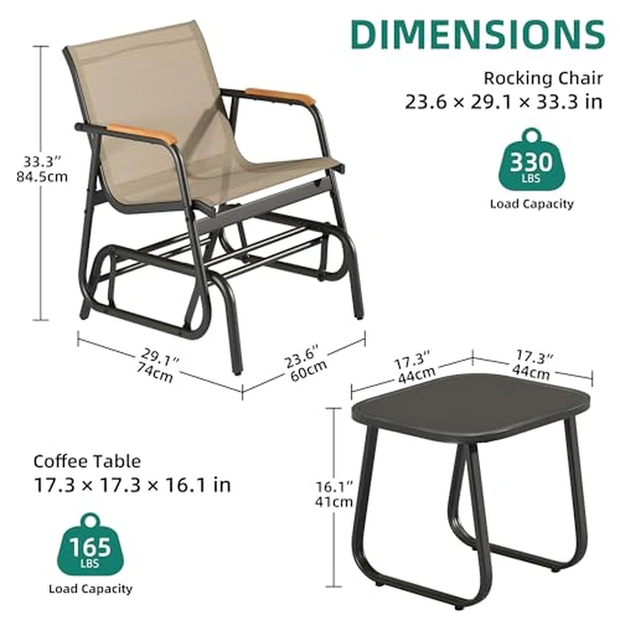 YITAHOME 3 Piece Patio Furniture Set, Outdoor Glider Chair Bistro Set, Coffee Table with Tempered Glass Tabletop, Patio Textilene Chairs Set of 2 for Backyard, Lawn, Garden, Balcony and Porch, Brown by YITAHOME - Image 3
