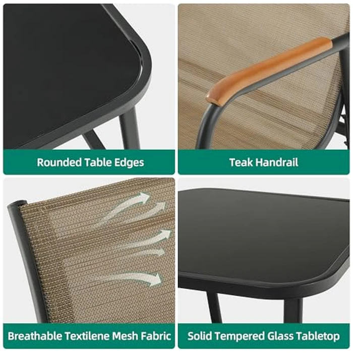 YITAHOME 3 Piece Patio Furniture Set, Outdoor Glider Chair Bistro Set, Coffee Table with Tempered Glass Tabletop, Patio Textilene Chairs Set of 2 for Backyard, Lawn, Garden, Balcony and Porch, Brown by YITAHOME - Image 5