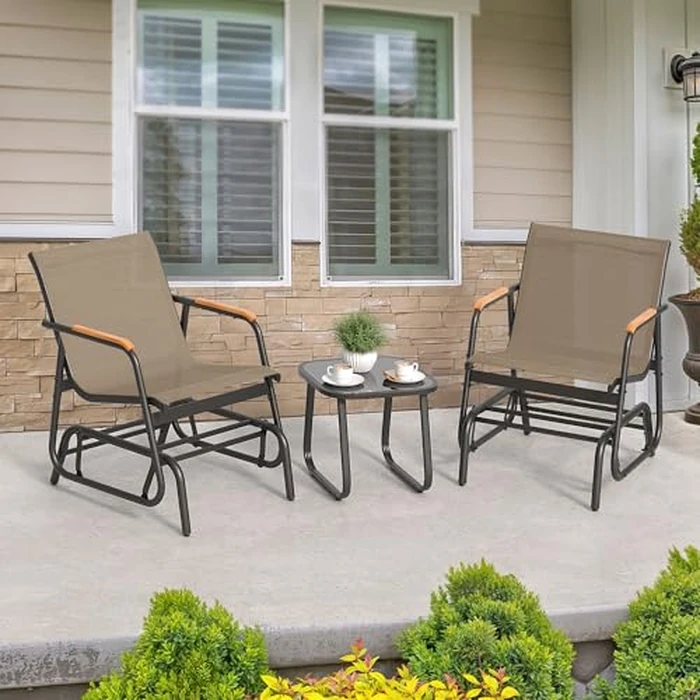 YITAHOME 3 Piece Patio Furniture Set, Outdoor Glider Chair Bistro Set, Coffee Table with Tempered Glass Tabletop, Patio Textilene Chairs Set of 2 for Backyard, Lawn, Garden, Balcony and Porch, Brown by YITAHOME - Image 7