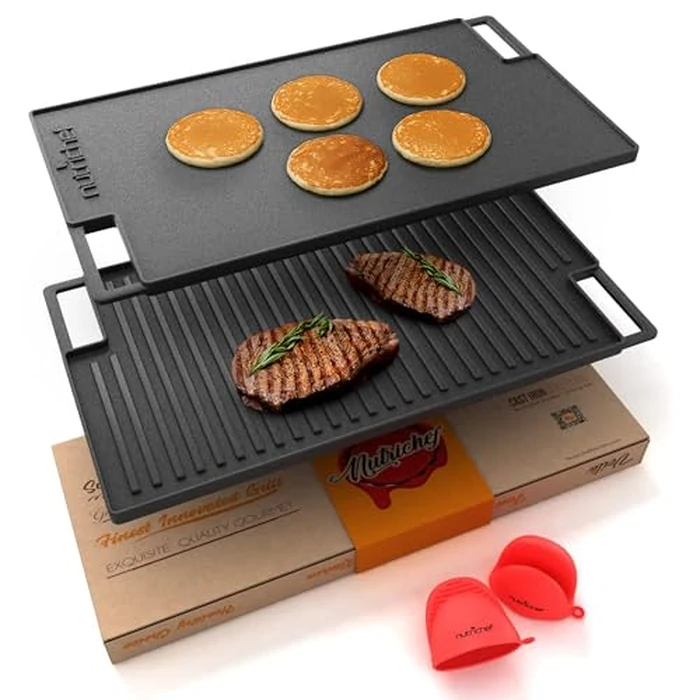 NutriChef Cast Iron Reversible Grill Plate - 18 Inch Flat Cast Iron Skillet Griddle Pan for Stove Top, Gas Range Grilling Pan w/ Silicone Oven Mitt for Electric Stovetop, Ceramic, Induction. by Nutrichef - Used - Acceptable condition - CA$35.90