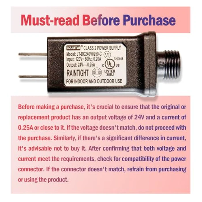 JT-DC240V0250-C 24V LED Power Adapter(Input: 120V AC, 0.20A | Output: 24V DC, 0.25A), IP44 Waterproof, UL Listed Class 2 Power Supply - Replacement for Damaged Christmas/Halloween Light Transformers by TYBEEU - Image 6