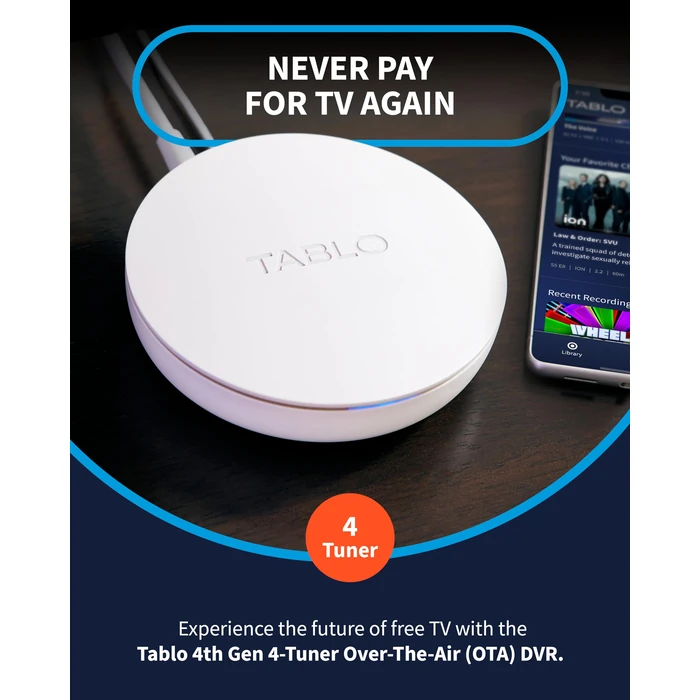 Tablo TV 4th Gen 4-Tuner Over-The-Air (OTA) DVR - Watch, Pause & Record Live TV, News, Sports & Movies Throughout Your Home Over Wi-Fi - Pairs w/Any TV Antenna - 50+ Hrs Recording - No Subscriptions by Tablo - Image 2
