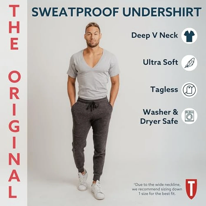 Men's Sweatproof Undershirt - Cotton Deep V Neck T-Shirt with Underarm Sweat Pads - Original Fit - Aluminum-Free Alternative - White - Small by THOMPSON TEE - Image 5
