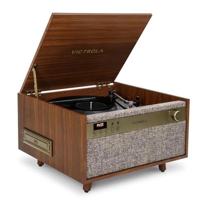 Victrola Century 6-in-1 Vinyl Record Player & Music Center - 3-Speed Turntable, CD & Cassette Player, VINYLSTREAM, Bluetooth & 3.5mm Aux, Record Player with Speakers, Mid Century Design (Walnut) by Victrola - Used - Very Good condition - US$120.22
