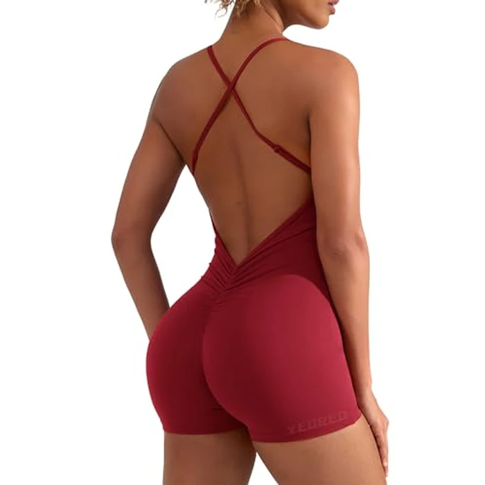 YEOREO Backless Tummy Control Jumpsuits for Women One Piece Workout Jumpsuits Sleeveless V Back Lizvette Scrunch Yoga Rompers Wine Red M by YEOREO - Image 2