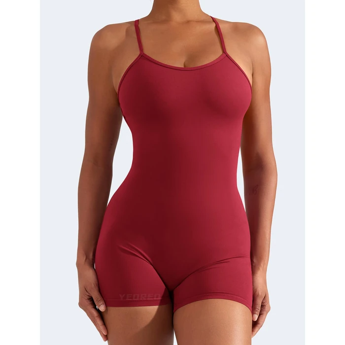 YEOREO Backless Tummy Control Jumpsuits for Women One Piece Workout Jumpsuits Sleeveless V Back Lizvette Scrunch Yoga Rompers Wine Red M by YEOREO - Image 4