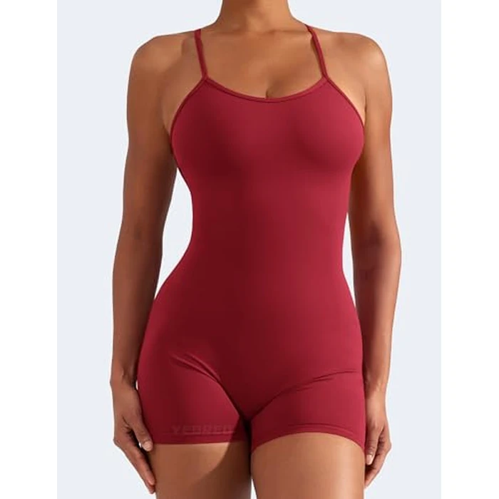 YEOREO Backless Tummy Control Jumpsuits for Women One Piece Workout Jumpsuits Sleeveless V Back Lizvette Scrunch Yoga Rompers Wine Red M by YEOREO - Image 5