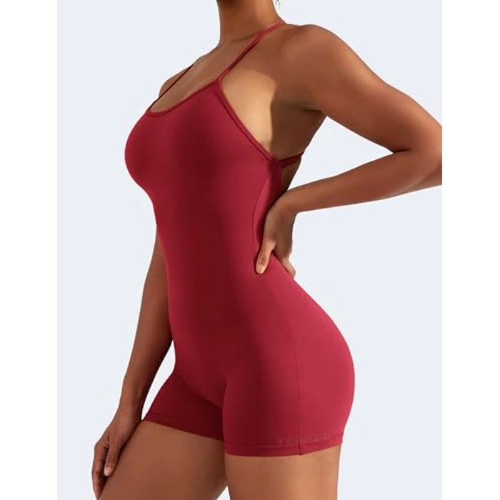 YEOREO Backless Tummy Control Jumpsuits for Women One Piece Workout Jumpsuits Sleeveless V Back Lizvette Scrunch Yoga Rompers Wine Red M by YEOREO - Image 8