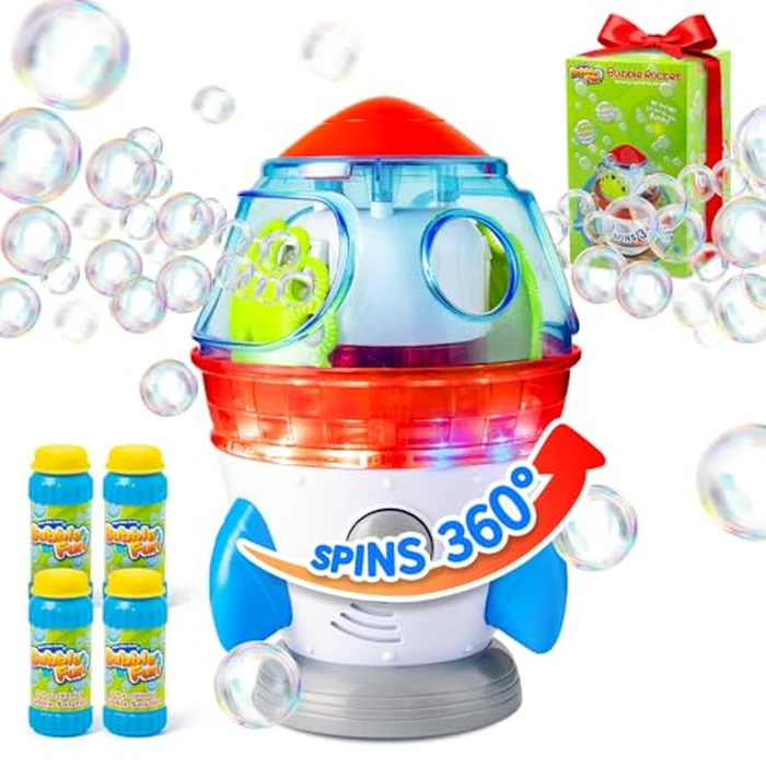 Rocket-Shaped Bubble Machine for Kids & Pets - Dual Powerful Bubble Outlets, Automatic 360 degrees Rotation, Adjustable LED Lights & Music - Ideal for Indoor/Outdoor Birthday Parties by MAKE KIDS SMILE BUBBLE FUN - Used - Very Good condition - US$28.20