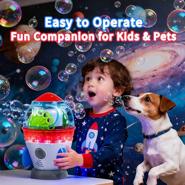 Rocket-Shaped Bubble Machine for Kids & Pets - Dual Powerful Bubble Outlets, Automatic 360 degrees Rotation, Adjustable LED Lights & Music - Ideal for Indoor/Outdoor Birthday Parties by MAKE KIDS SMILE BUBBLE FUN - Image 5