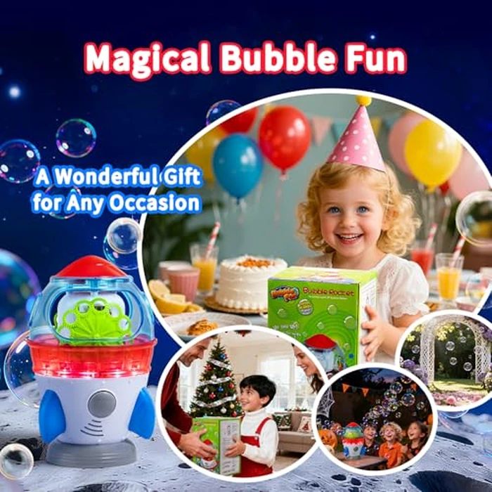 Rocket-Shaped Bubble Machine for Kids & Pets - Dual Powerful Bubble Outlets, Automatic 360 degrees Rotation, Adjustable LED Lights & Music - Ideal for Indoor/Outdoor Birthday Parties by MAKE KIDS SMILE BUBBLE FUN - Image 7