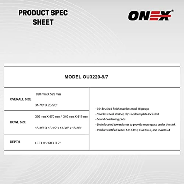 ONEX(R) Undermount Double Bowl Kitchen Sink 32"X20" -9" & 7" d Stainless Steel Uneven Sinks #OU3220-9/7 by Onex - Image 7