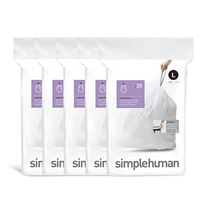 simplehuman Code L 100 Count, Dispenser Pack Custom Fit Liners, Drawstring Trash Bags, 18 Liter / 4.7 Gallon, White by simplehuman - Used - Like New condition - US$18.92