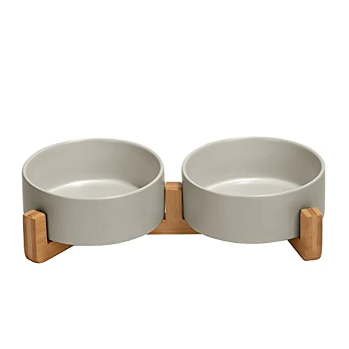 SPUNKYJUNKY Ceramic Dog and Cat Bowl with Wood Stand Non-Slip Matte Glaze Weighted Food Water Set for Cats &Small Dogs 13.5OZ by SPUNKYJUNKY - Image 1