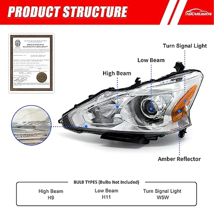 ADCARLIGHTS 2013 2014 2015 Nissan Altima Headlight Assembly Only fit 4Door Clear Lens Chrome Housing with Amber Reflector Headlamp Replacement Left and Right Pair(Does Not Fit Xenon/HID)（W/O Bulbs） by ADCARLIGHTS - Image 3