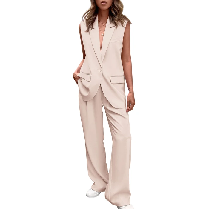 PRETTYGARDEN Womens 2 Piece Blazer Suits V Neck Sleeveless Vest Wide Leg Pants Sets Summer Matching Outfits (Beige,Small) by PRETTYGARDEN - Used - Very Good condition - US$49.53