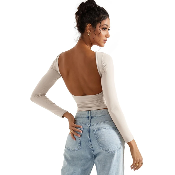 SUUKSESS Women Backless Going Out Tops Double Lined Open Back Basic Long Sleeve T Shirts (Soft Sand, S) by SUUKSESS - Image 3